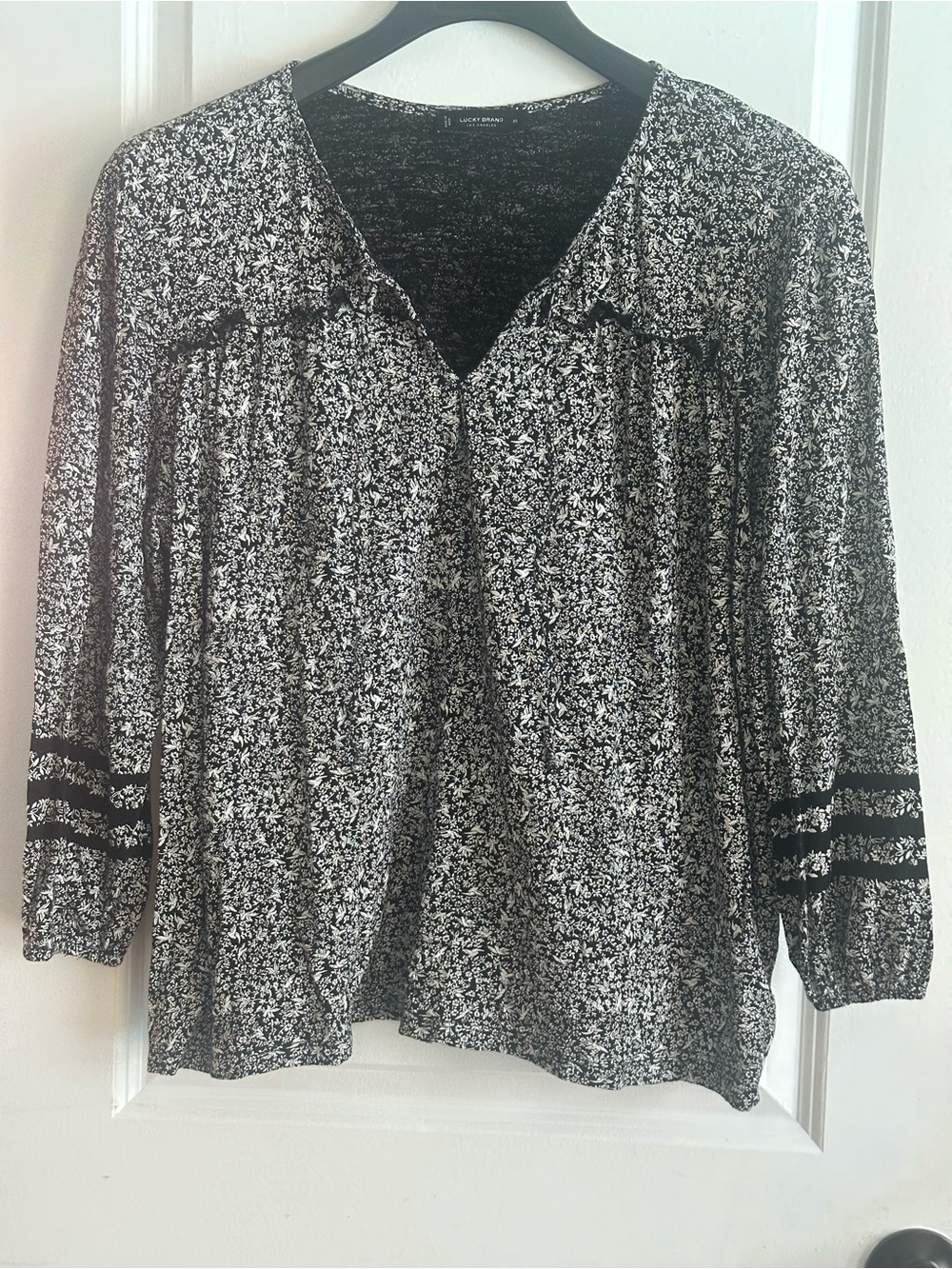Lucky Brand Black & White Floral Ditsy Peasant Blouse Top - Women's XL